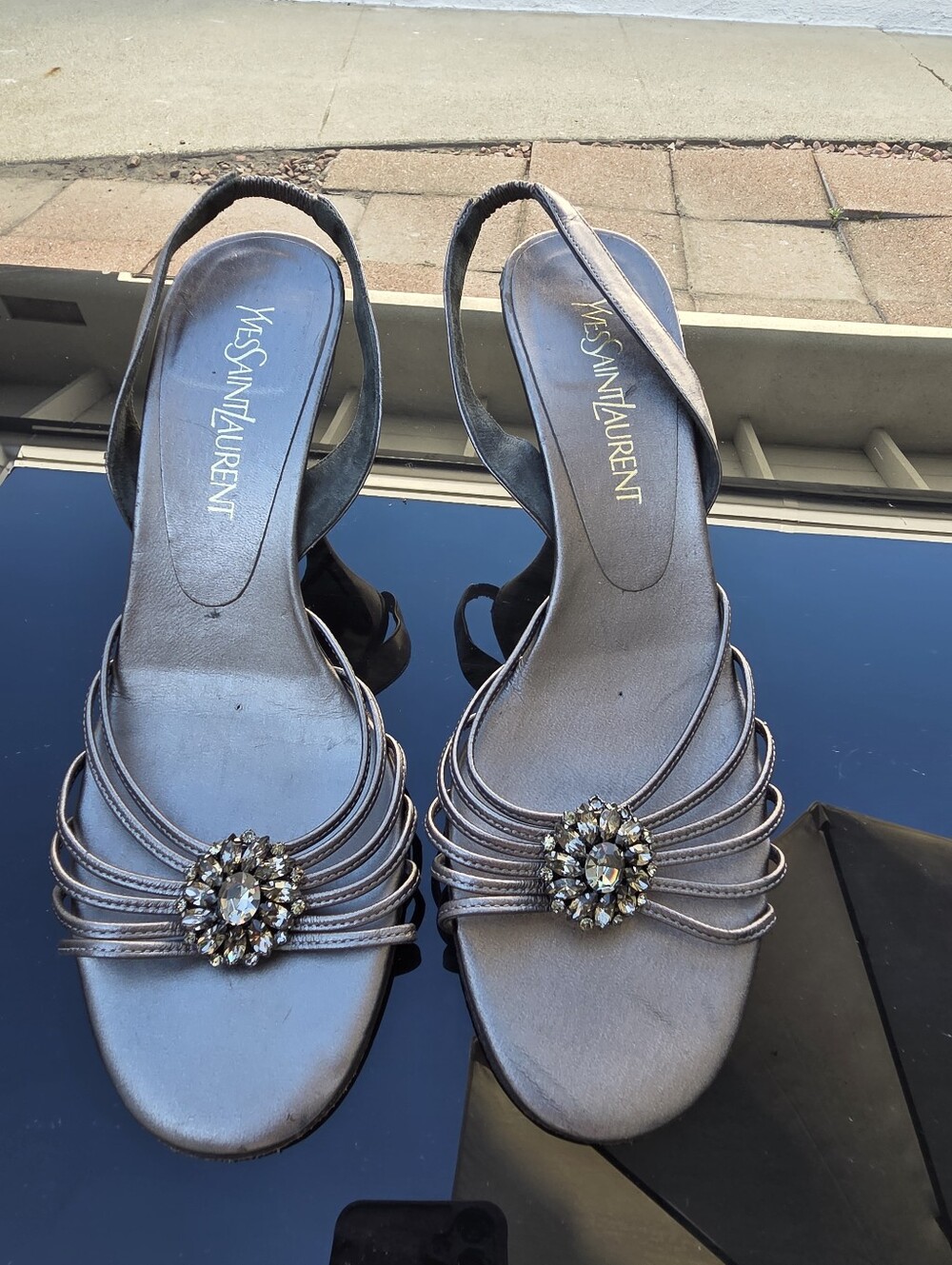 Vintage Yves Saint Laurent Pewter Metallic Jewel-Embellished Slingback Heels 9.5